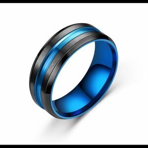 Wedding Band, Size 8 Black Titanium Ring w/Blue Stripe